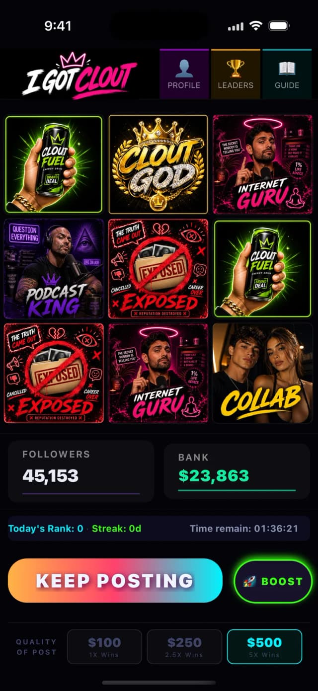 The I Got Clout slot grid โ spin to gain followers and dodge cancellation